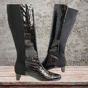 NYTransit Vintage Knee High Patent/Stretch Fabric Pull on Boots Black Size 8